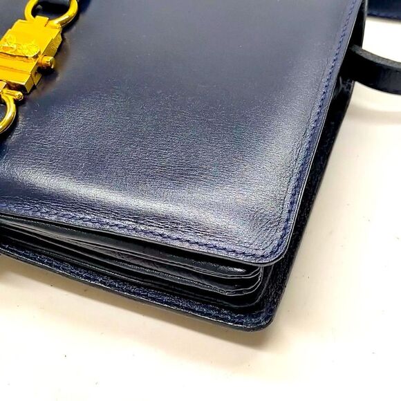 Auth Vtg Celine Small Navy Blue Polished Leather Trio Shoulder Bag 1970s Caleche - Picture 6 of 9